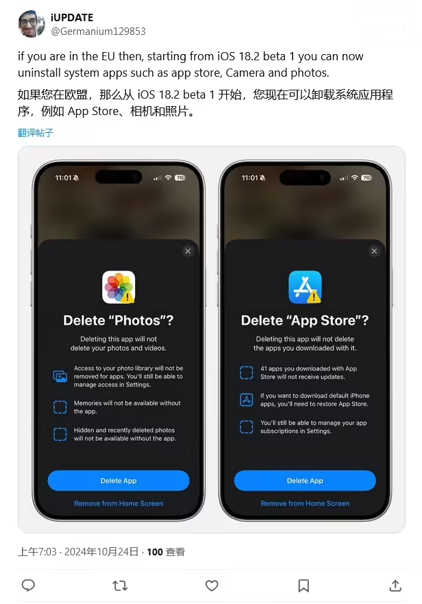 博白苹果手机维修分享iOS 18.2 支持删除 App Store 应用商店 