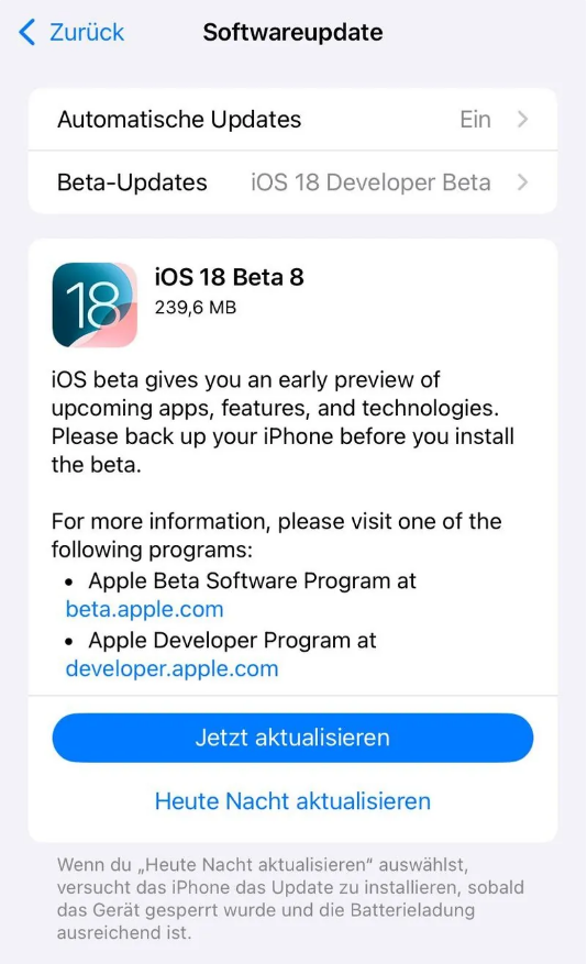 博白苹果手机维修分享苹果 iOS / iPadOS 18 开发者预览版 Beta 8 发布 